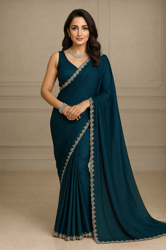 Khwaahish Collection – Teal Green Saree with Silver Embroidered Border