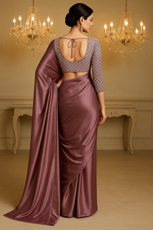 Khwaahish Collection – Deep Lavender Satin Party Saree