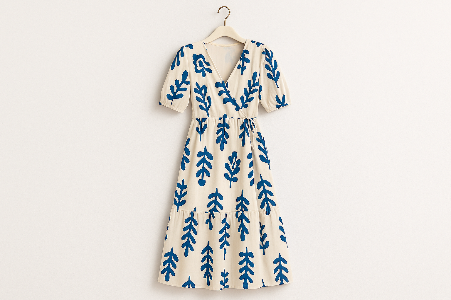 Blue floral wrap dress displayed on hanger