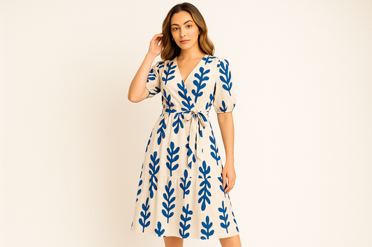 Elegant catalog-style image of blue floral wrap dress