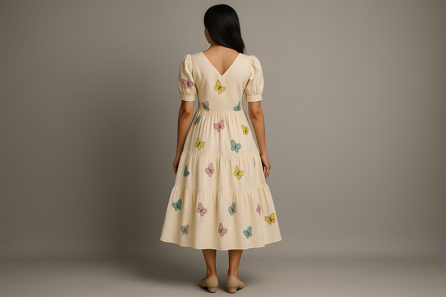 Full-length back view butterfly dress image