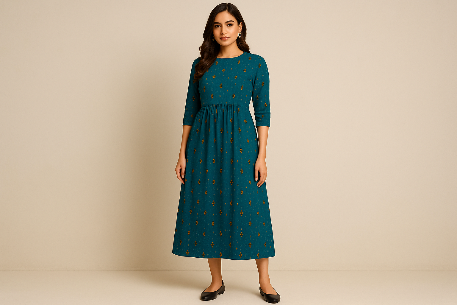 Full-length elegant catalog-style image of teal dress with simple background