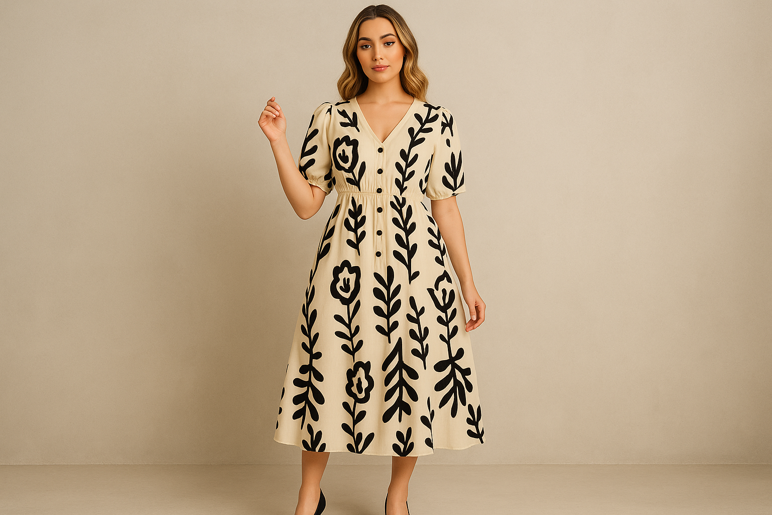 Full-length elegant floral dress catalog image