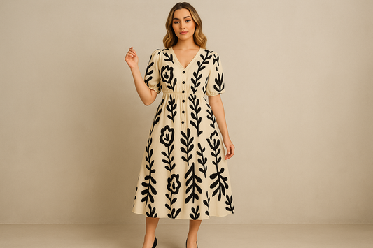 Full-length elegant floral dress catalog image