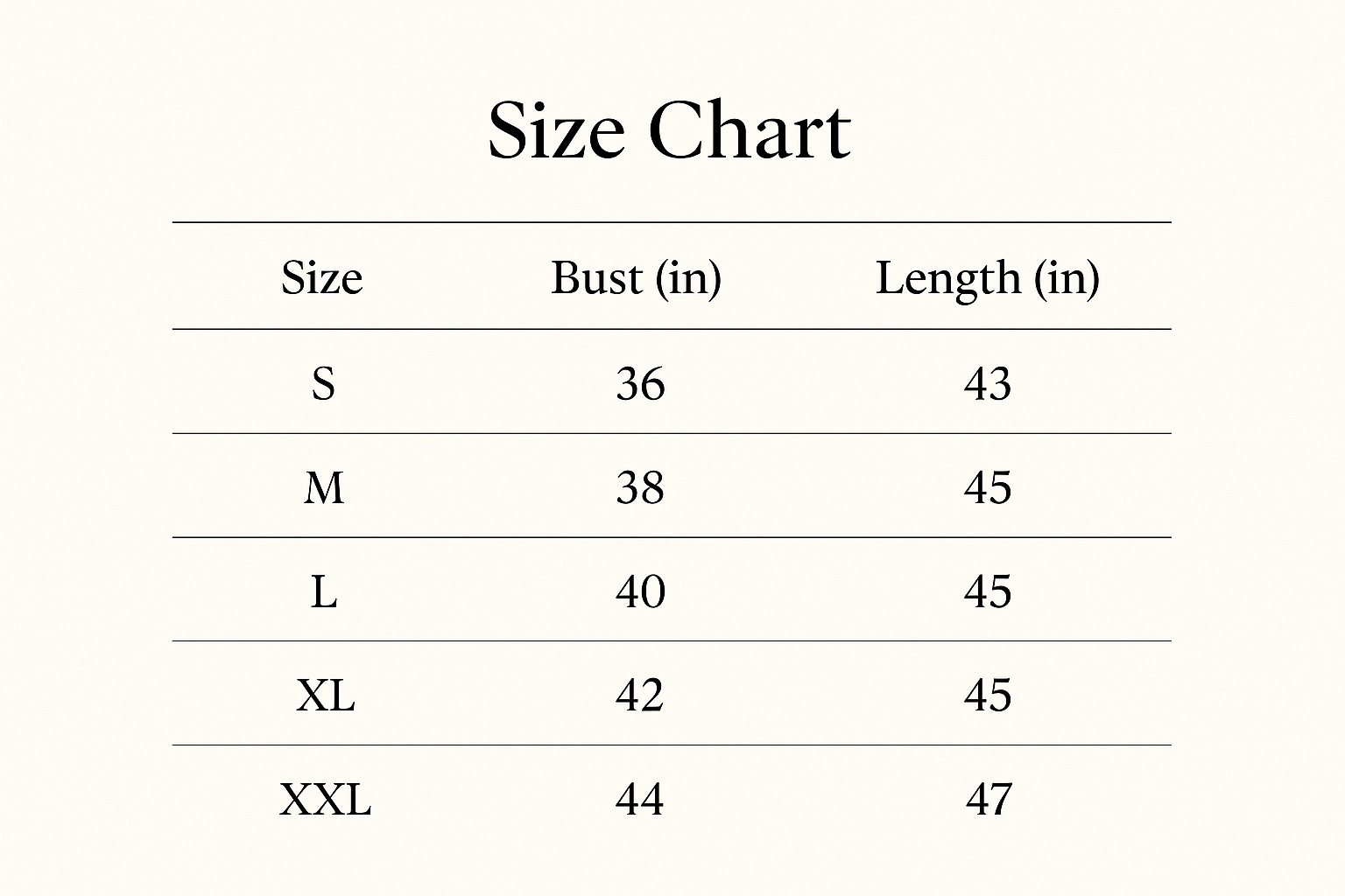 Professional size chart
