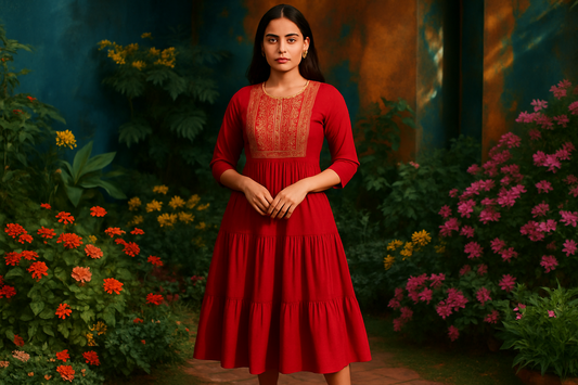 Realistic fashion photo of red embroidered dress with colorful background