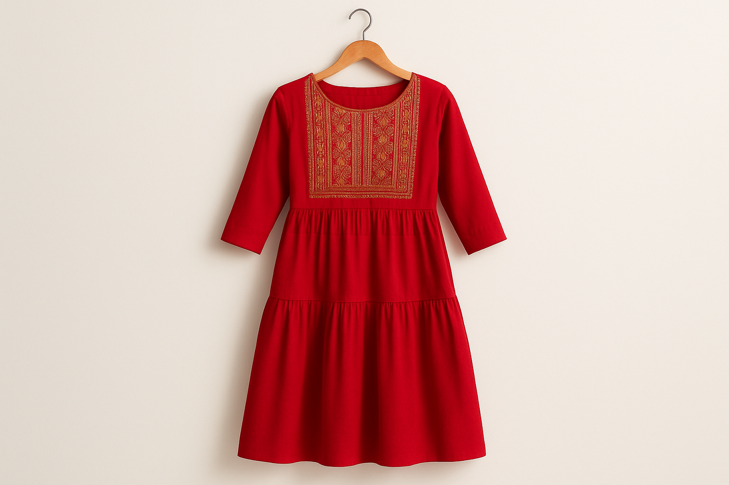 Red embroidered dress displayed on hanger