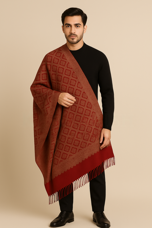 Khwaahish Collection: Ivory & Bright Red Hand-Embroidered Pure Wool Shawl