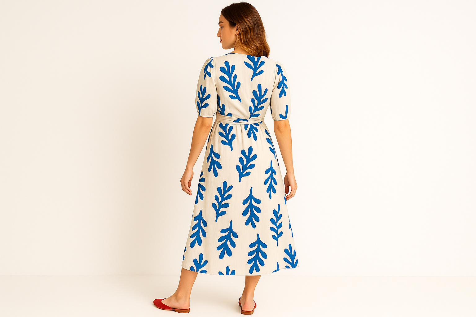 Stylish back view catalog-style image of blue floral wrap dress