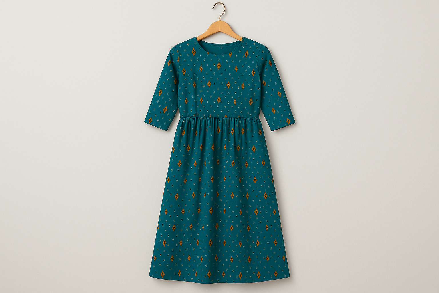 Teal dress with orange patterns displayed on hanger