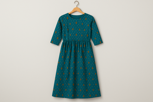 Teal dress with orange patterns displayed on hanger