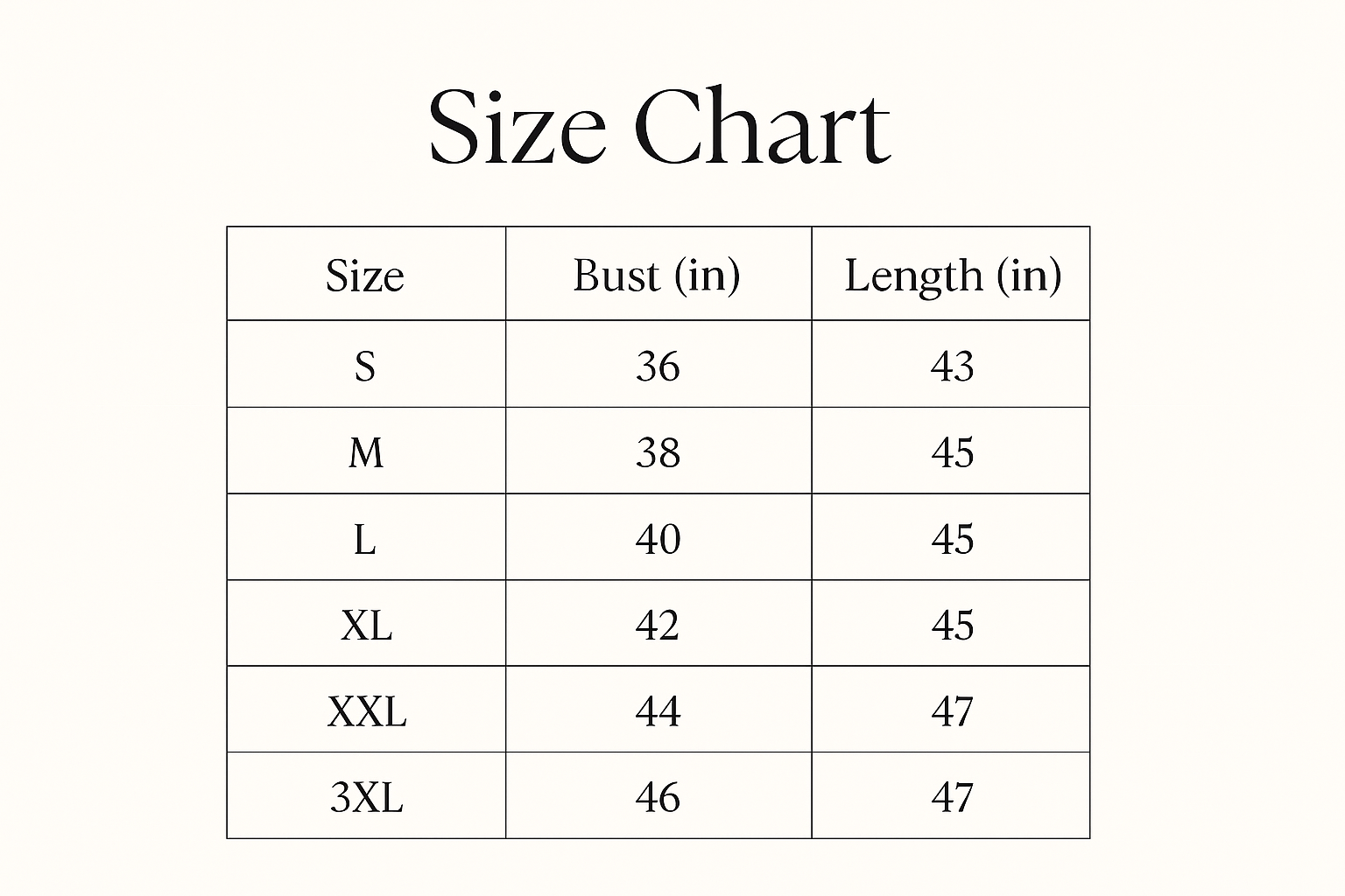 Updated size chart with 3XL