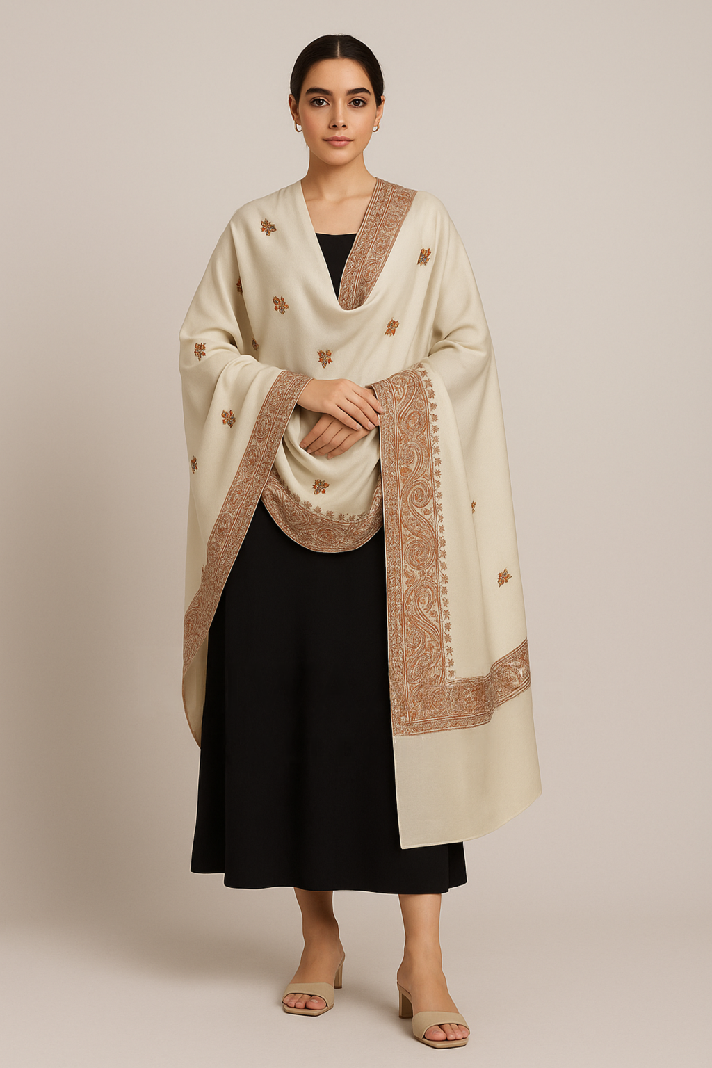 Khwaahish Collection: Elegant Ivory Hand-Embroidered Pure Wool Shawl