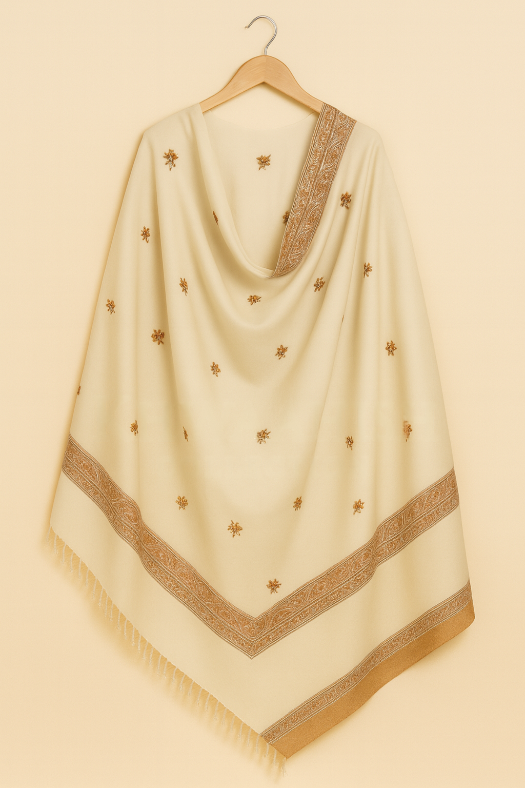 Khwaahish Collection: Elegant Ivory Hand-Embroidered Pure Wool Shawl