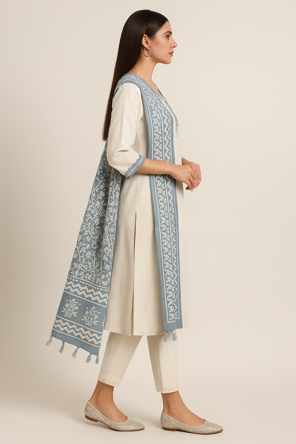 Khwaaahish Collection – Off-White Elegance with Blue Floral Embroidery & Dupatta