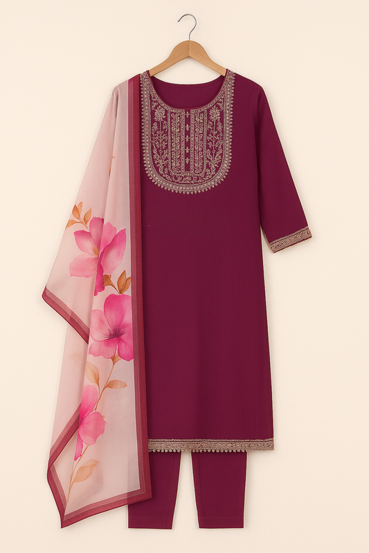 Magenta Embroidered Straight Suit with Floral Dupatta – Khwaaahish Collection