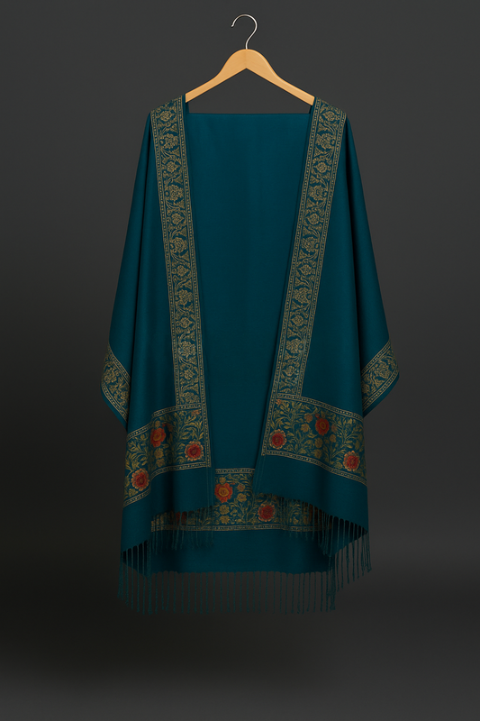 Khwaaahish Collection – Teal Handmade Embroidered Shawl with Floral Borders