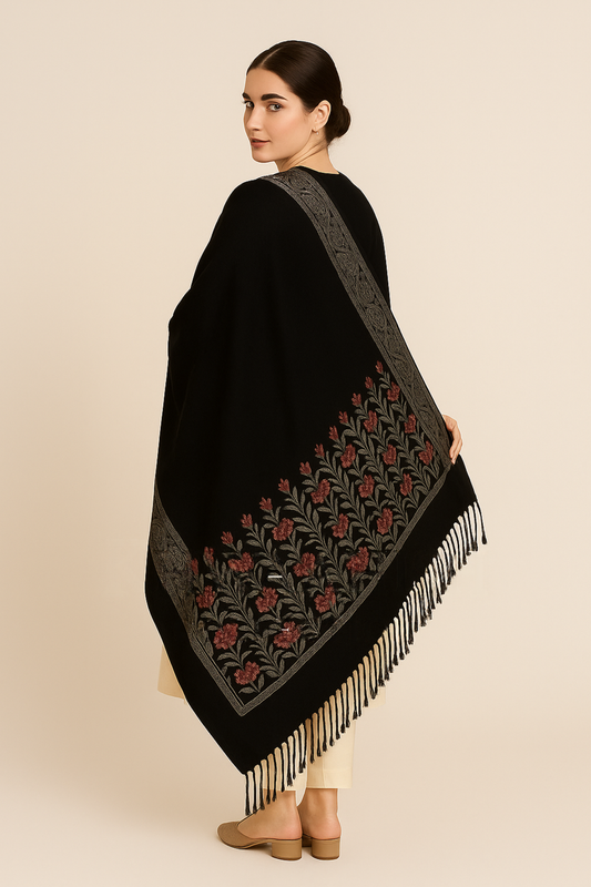 Khwaahish Collection: Black Hand-Embroidered Pure Wool Shawl