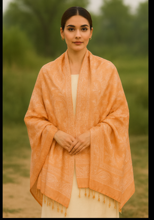 Khwaahish Collection: Peach Hand-Embroidered Pure Wool Shawl