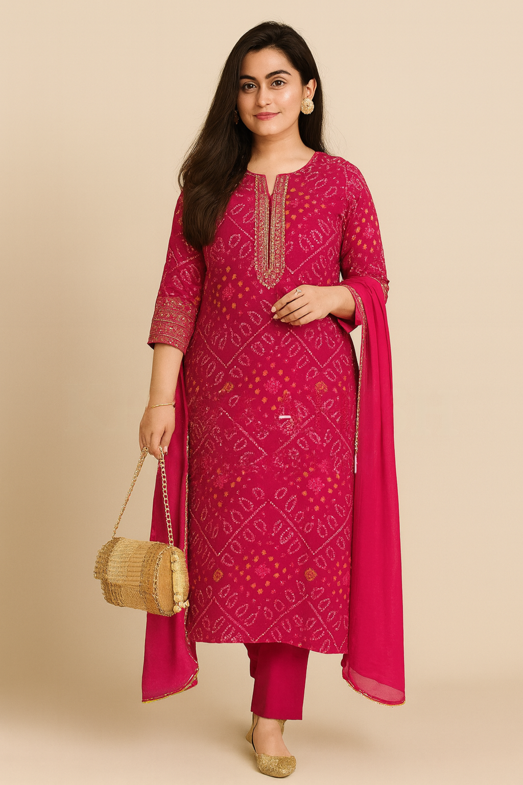 Khwaahish Collection: Magenta Bandhani Print Pure Cotton Stitched Suit Set