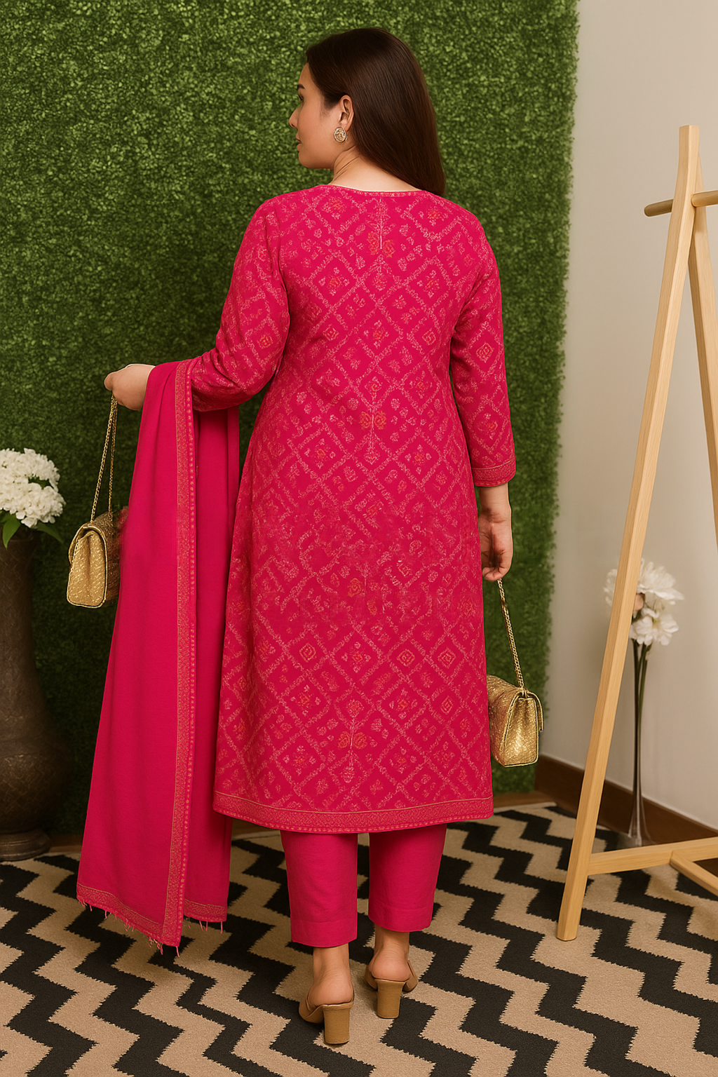 Khwaahish Collection: Magenta Bandhani Print Pure Cotton Stitched Suit Set