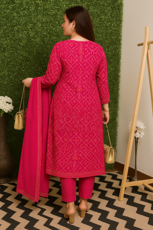 Khwaahish Collection: Magenta Bandhani Print Pure Cotton Stitched Suit Set