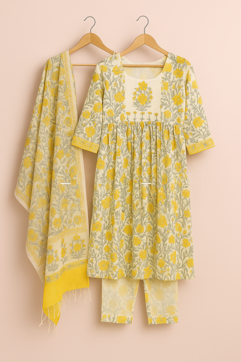 Khwaahish Collection: White & Yellow Floral Pure Cotton Stitched Suit Set