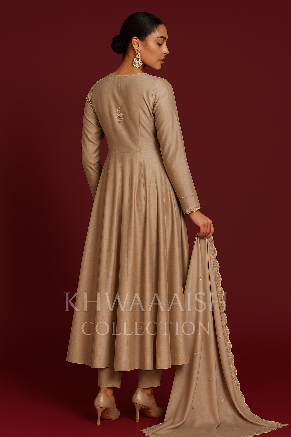 Khwaaahish Collection – Beige Anarkali with Handmade Silk Embroidery & Dupatta