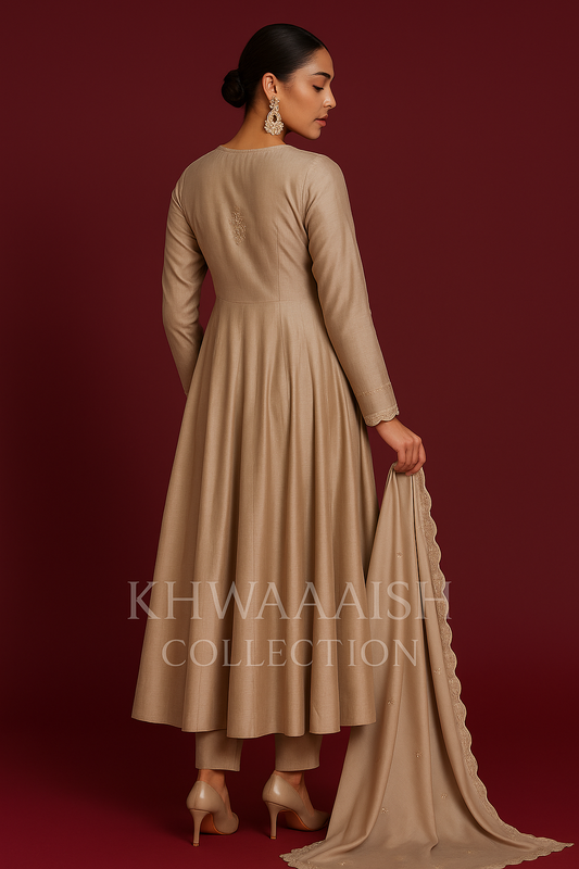 Khwaaahish Collection – Beige Anarkali with Handmade Silk Embroidery & Dupatta