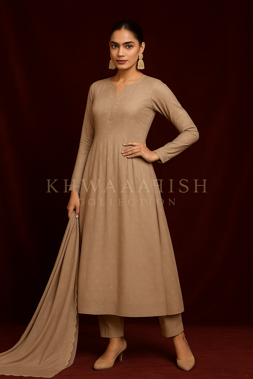 Khwaaahish Collection – Beige Anarkali with Handmade Silk Embroidery & Dupatta