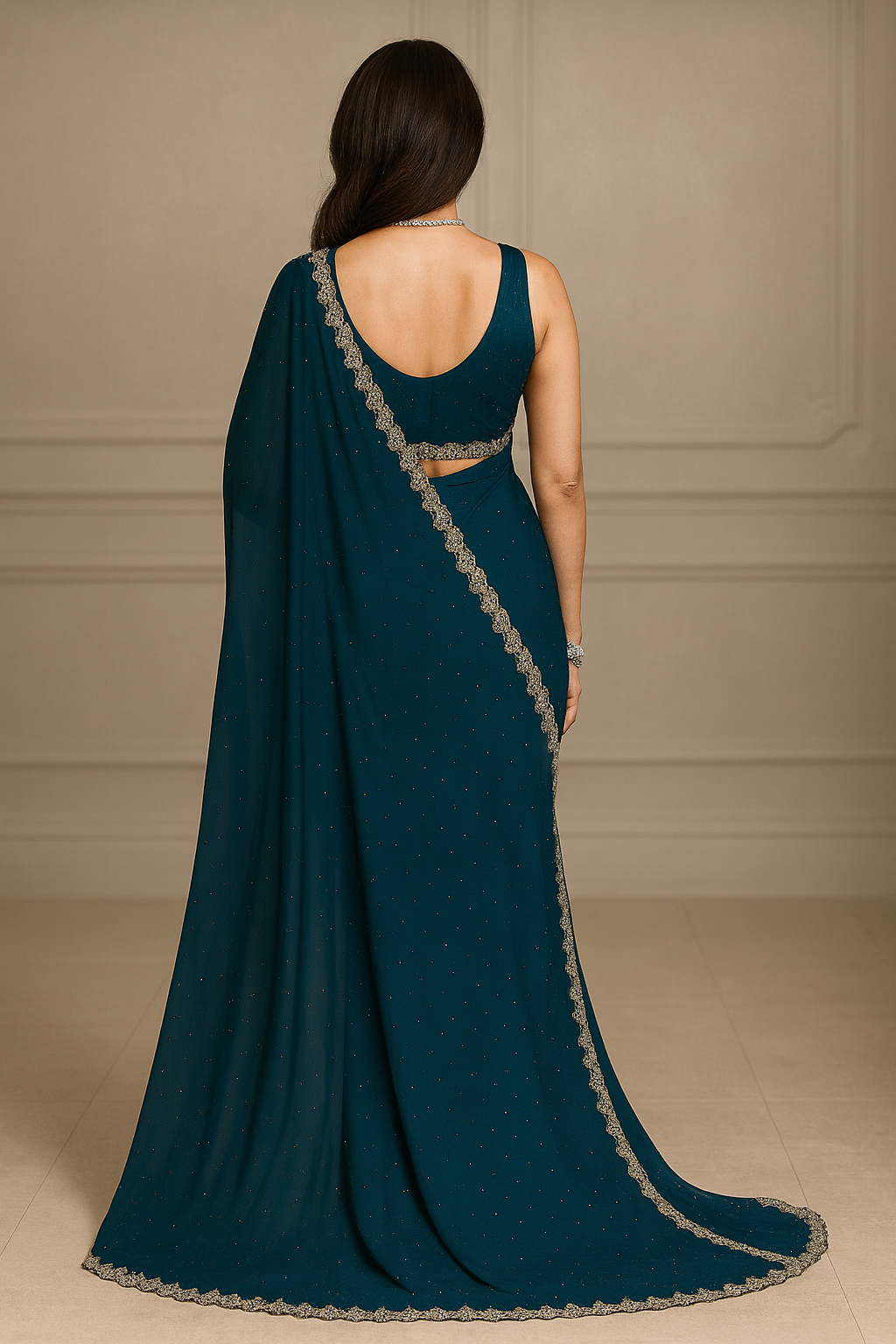 Khwaahish Collection – Teal Green Saree with Silver Embroidered Border