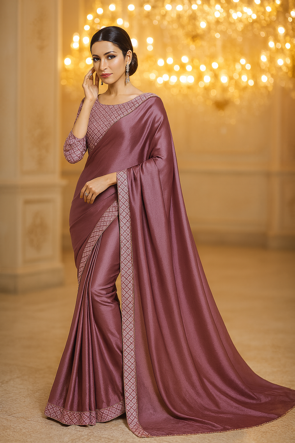 Khwaahish Collection – Deep Lavender Satin Party Saree