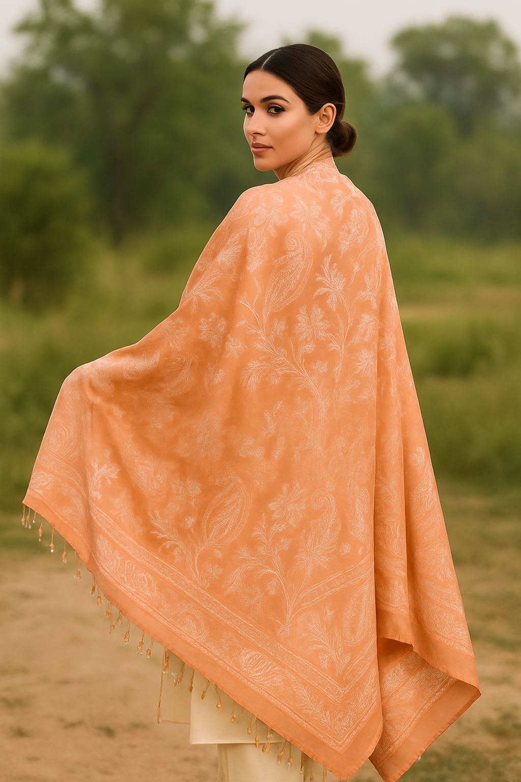 Khwaahish Collection: Peach Hand-Embroidered Pure Wool Shawl