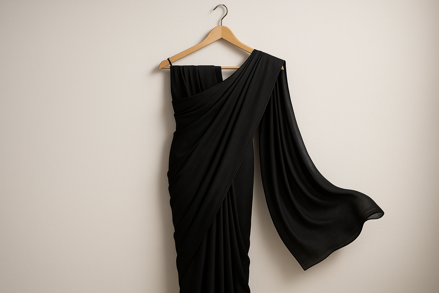 Black saree on hanger with sleek background