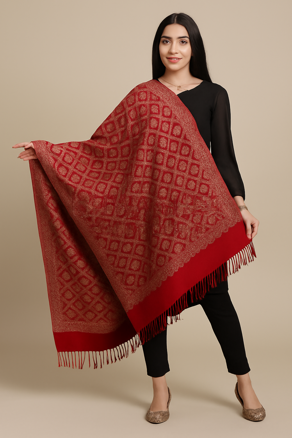 Khwaahish Collection: Ivory & Bright Red Hand-Embroidered Pure Wool Shawl