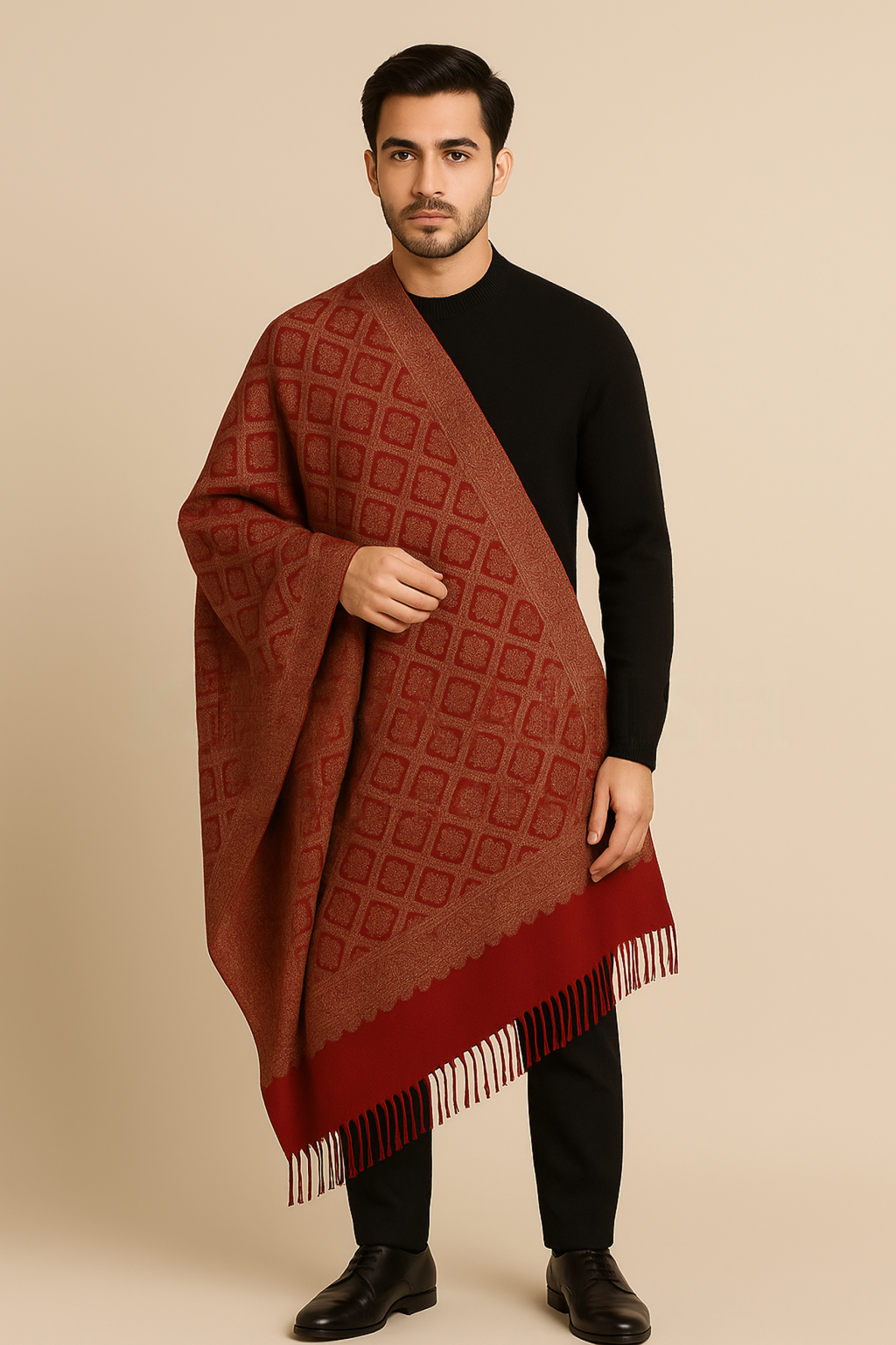 Khwaahish Collection: Ivory & Bright Red Hand-Embroidered Pure Wool Shawl