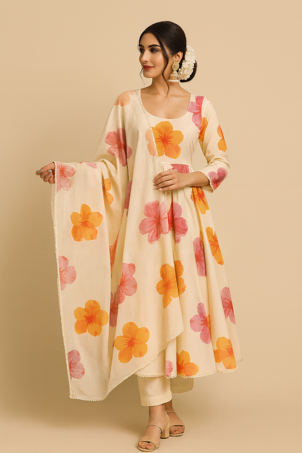 Khwaahish Collection: Ivory & Peach Floral Pure Cotton Stitched Suit Set