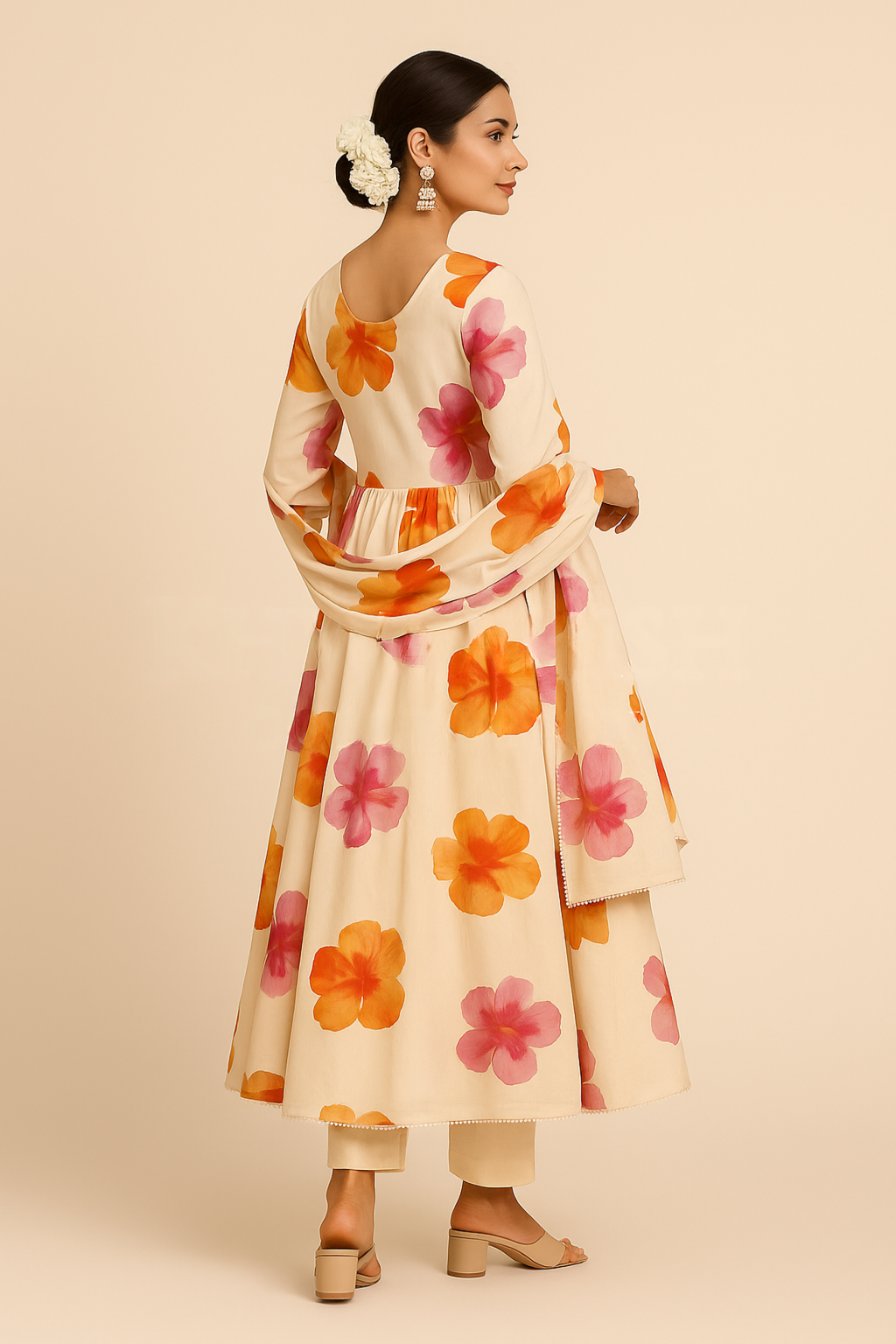 Khwaahish Collection: Ivory & Peach Floral Pure Cotton Stitched Suit Set