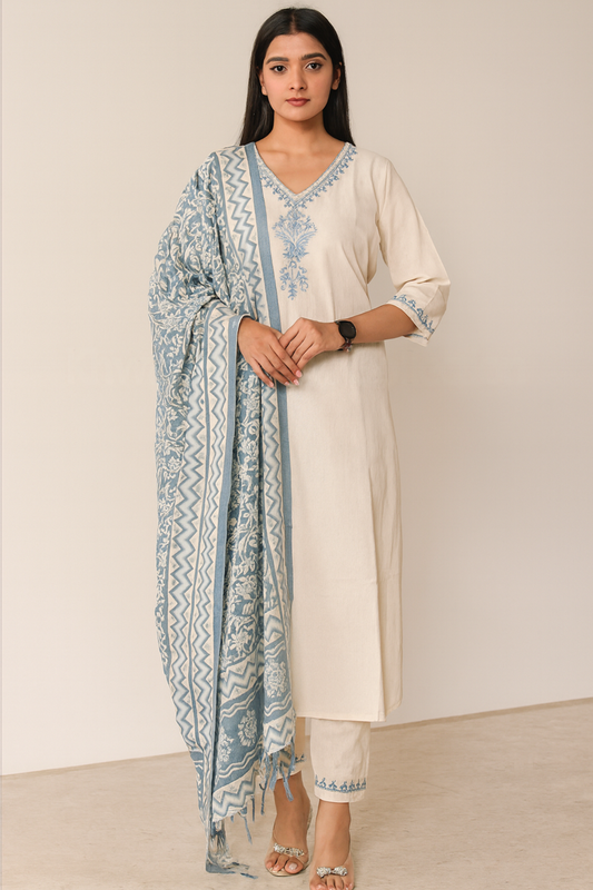 Khwaaahish Collection – Off-White Elegance with Blue Floral Embroidery & Dupatta