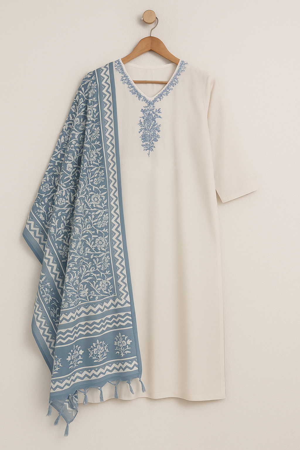 Khwaaahish Collection – Off-White Elegance with Blue Floral Embroidery & Dupatta