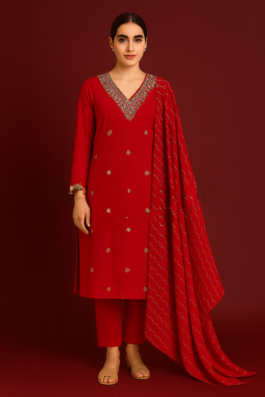 Khwaahish Collection: Ruby Red Hand-Embroidered Stitched Suit Set