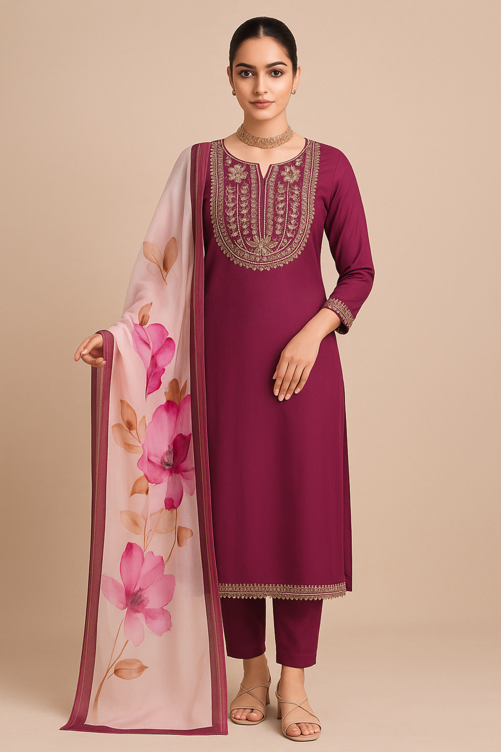 Magenta Embroidered Straight Suit with Floral Dupatta – Khwaaahish Collection