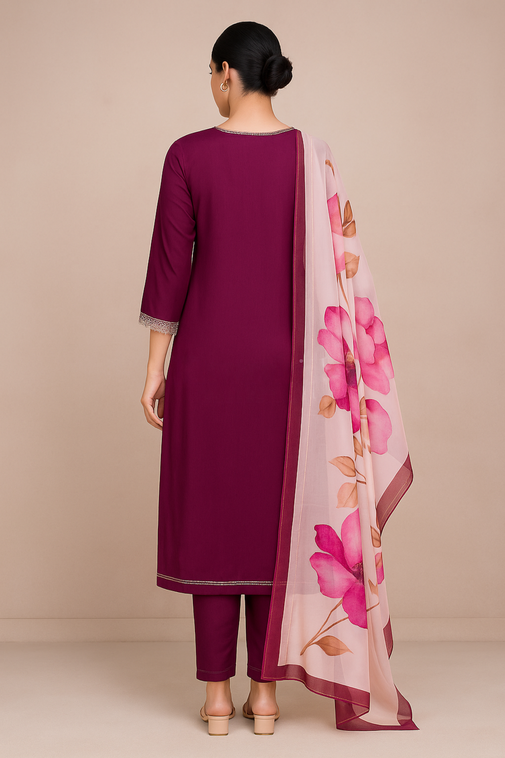Magenta Embroidered Straight Suit with Floral Dupatta – Khwaaahish Collection
