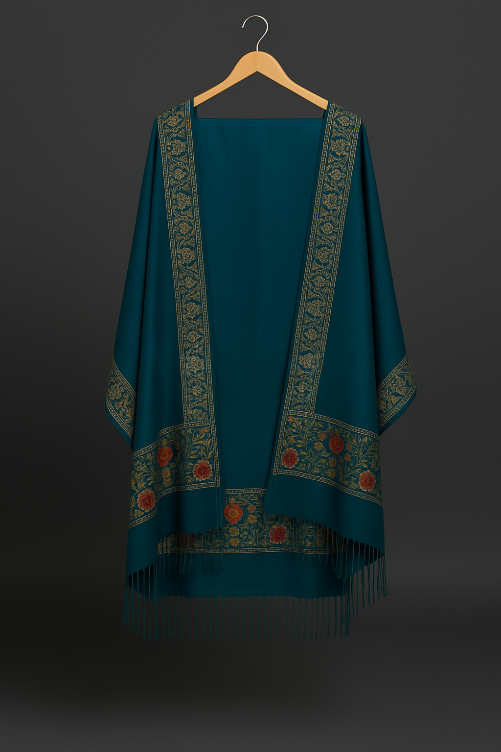 Khwaaahish Collection – Teal Handmade Embroidered Shawl with Floral Borders