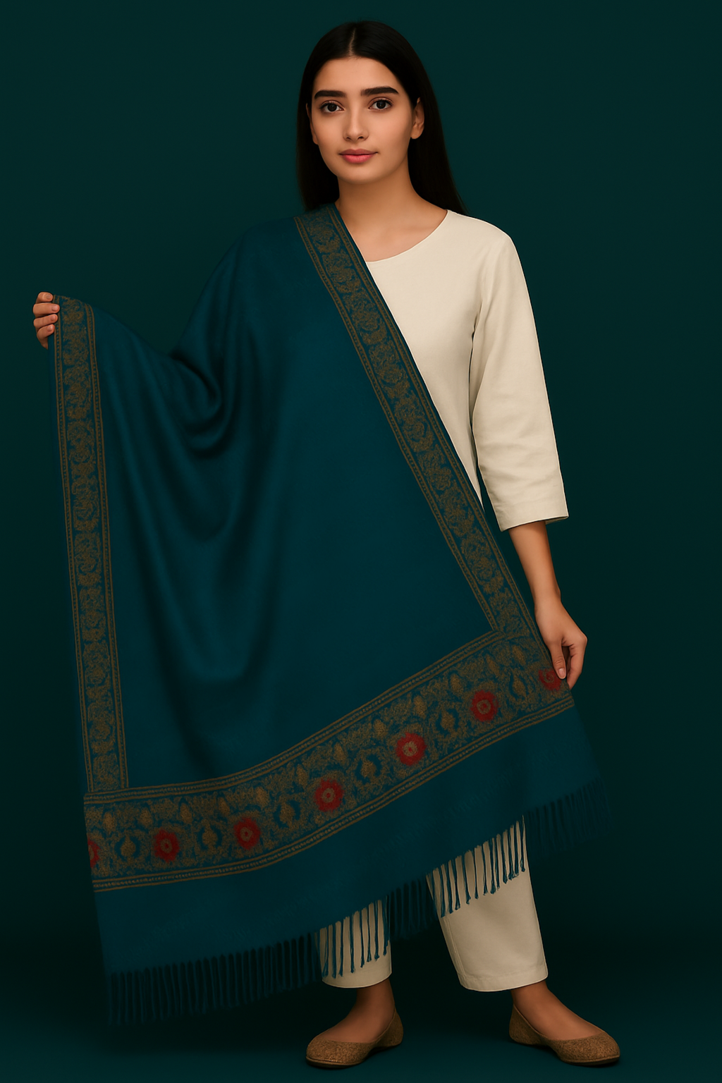 Khwaaahish Collection – Teal Handmade Embroidered Shawl with Floral Borders