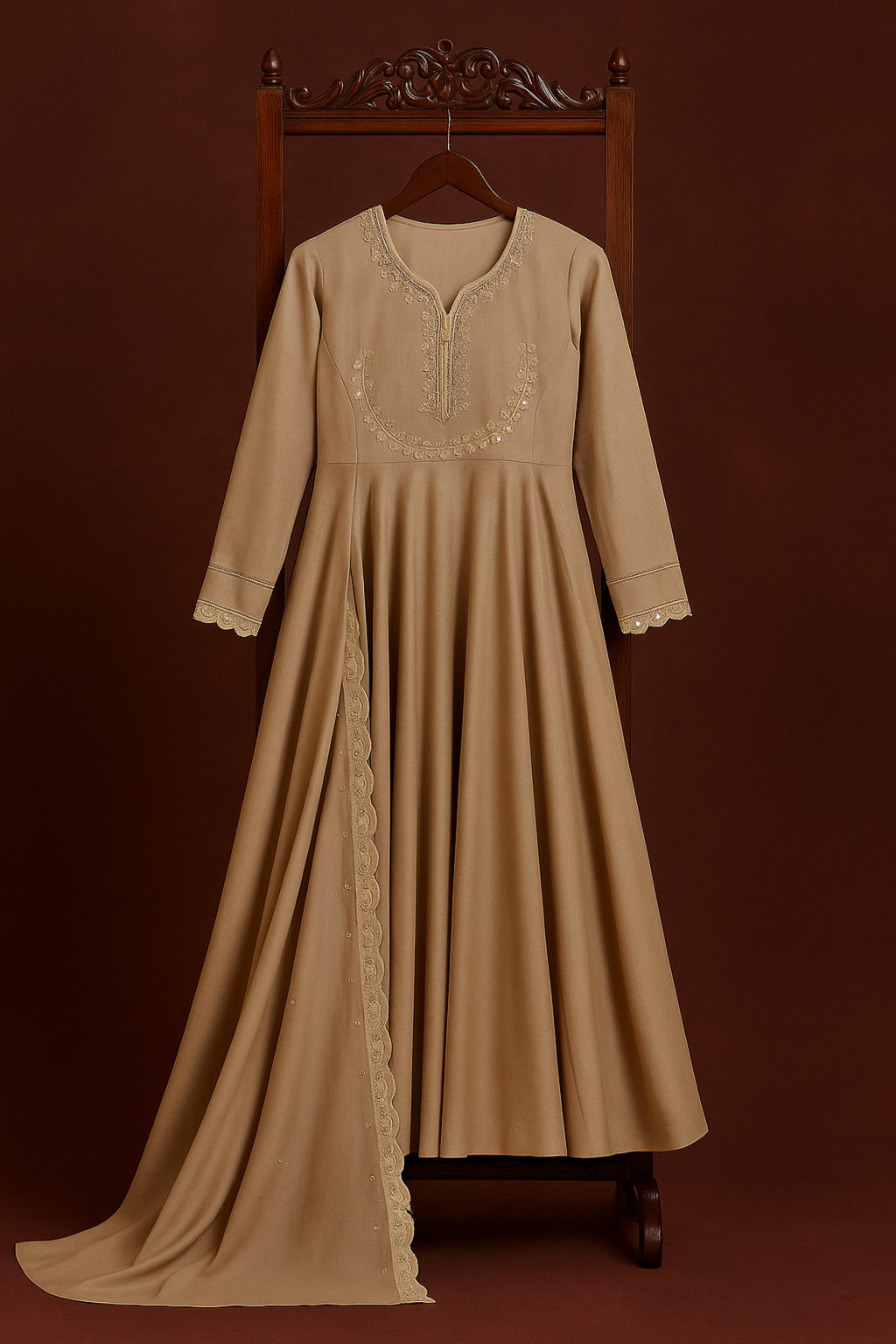 Khwaaahish Collection – Beige Anarkali with Handmade Silk Embroidery & Dupatta