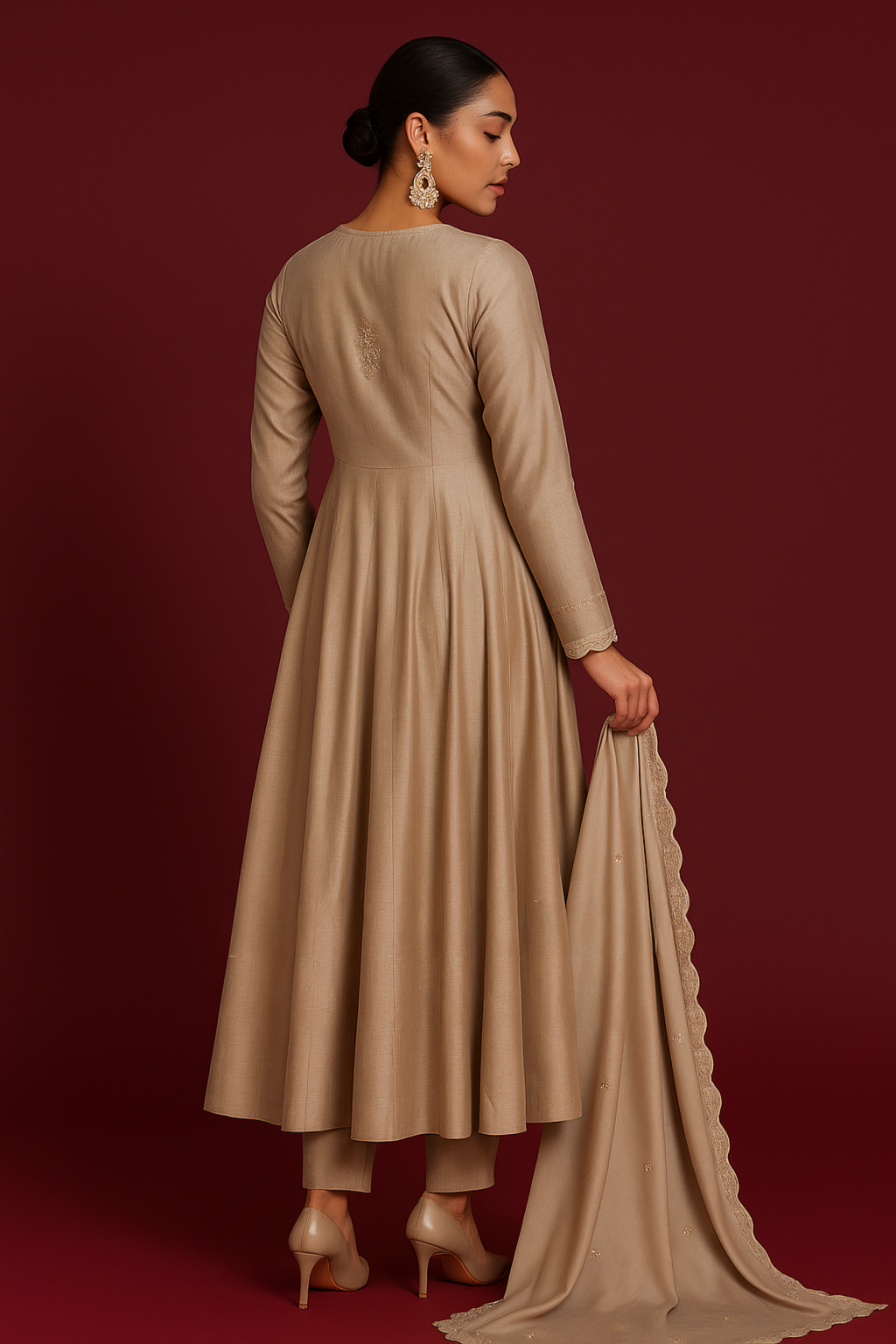 Khwaaahish Collection – Beige Anarkali with Handmade Silk Embroidery & Dupatta