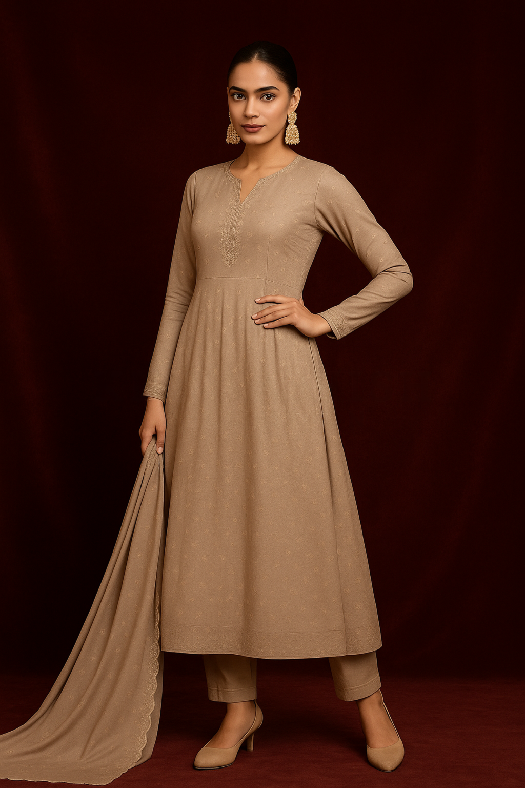 Khwaaahish Collection – Beige Anarkali with Handmade Silk Embroidery & Dupatta