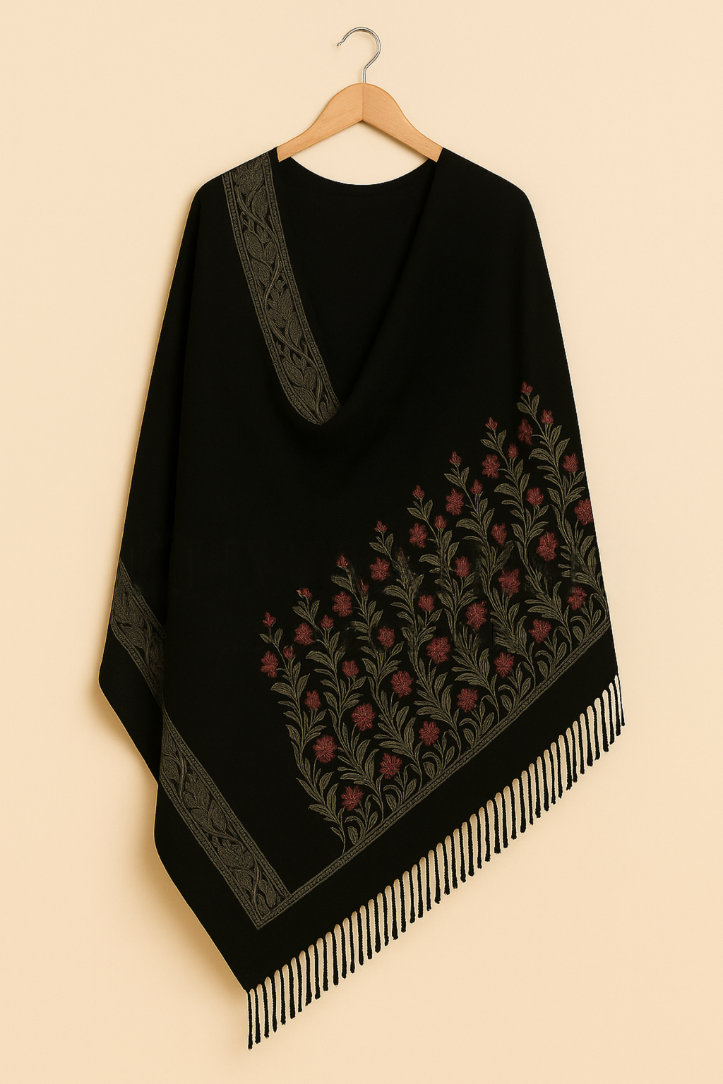Khwaahish Collection: Black Hand-Embroidered Pure Wool Shawl