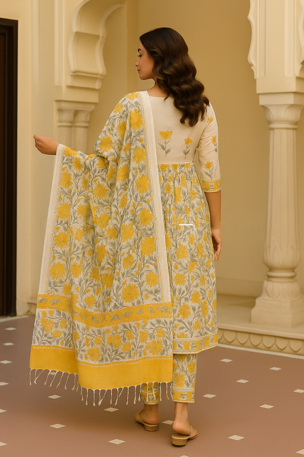 Khwaahish Collection: White & Yellow Floral Pure Cotton Stitched Suit Set
